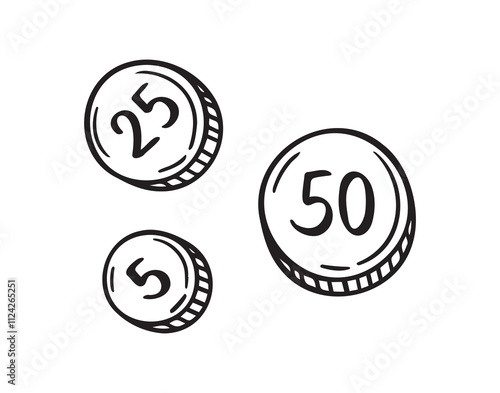 5, 25 and 50 coins money doodle hand drawn icon. Outline drawing 5, 25 and 50 coins line clipart symbol