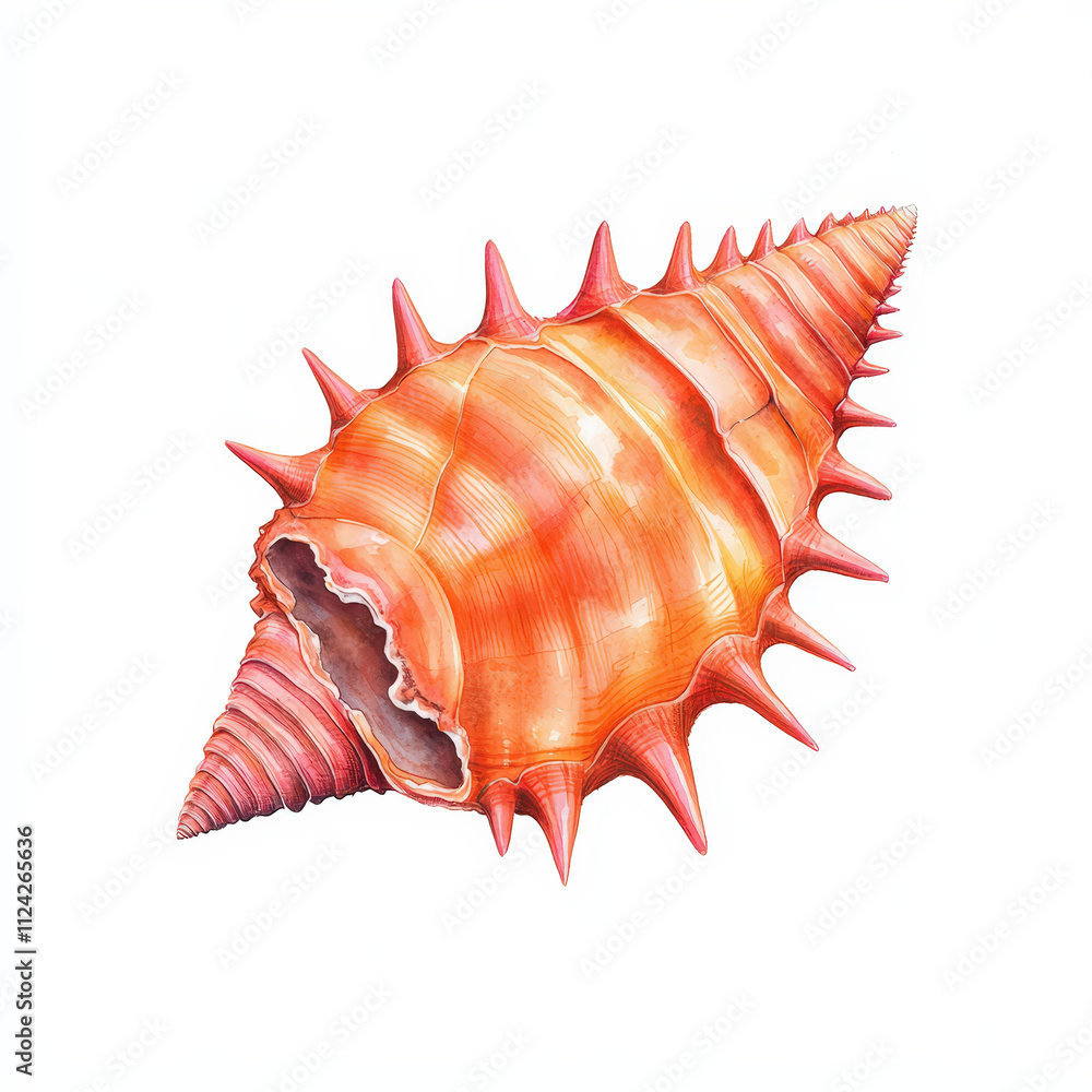 vibrant spiny oyster shell with intricate details and sharp spikes, showcasing its unique orange and pink hues. This watercolor captures beauty of marine life vibrant spiny oyster shell with intricate details and sharp spikes, showcasing its unique orange and pink hues. This watercolor captures beauty of marine life