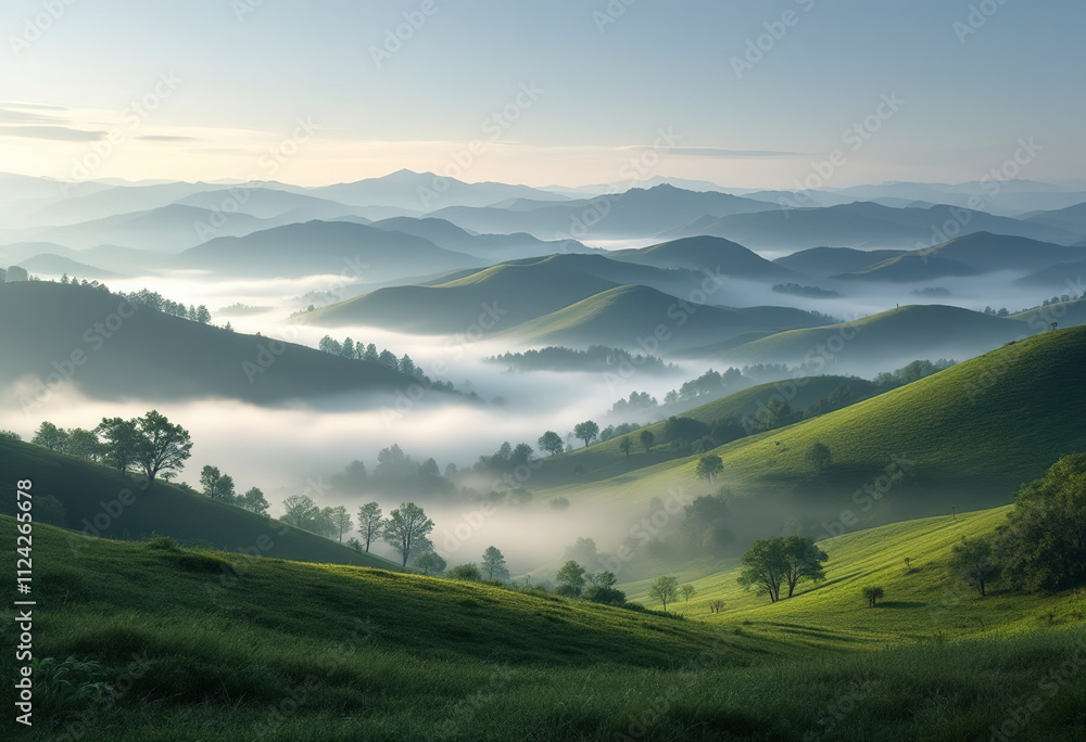 Fototapeta premium Misty mountain landscape with rolling hills and fog covering the valleys, creating a serene and atmospheric scene