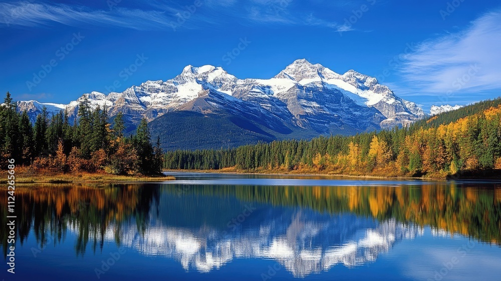 Fototapeta premium A serene mountain landscape featuring snow-capped peaks, lush forests, and a reflective lake under a clear blue sky.