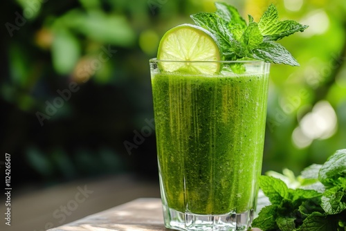 Refreshing matcha infused smoothie with citrus twist vibrant garden beverage photography lush greenery close-up view healthy lifestyle boost photo