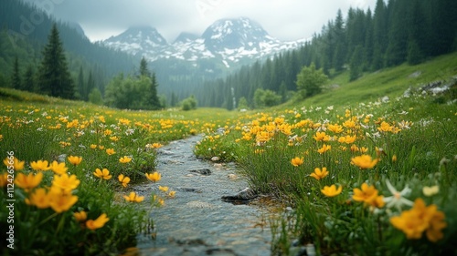 A serene landscape featuring vibrant yellow flowers, a winding stream, and majestic mountains shrouded in mist.
