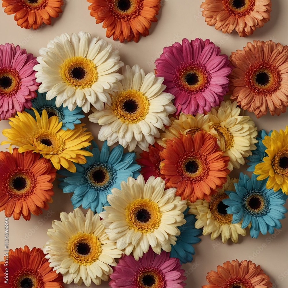 A cluster of colorful gerbera daisies on a light beige background. A cluster of colorful gerbera daisies on a light beige background.