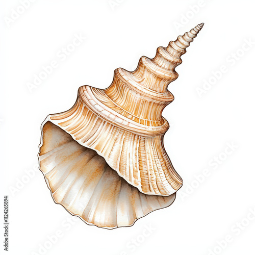 detailed watercolor of tusk shell, showcasing its intricate ridges and natural colors. This artwork captures beauty of marine life and elegance of seashells photo