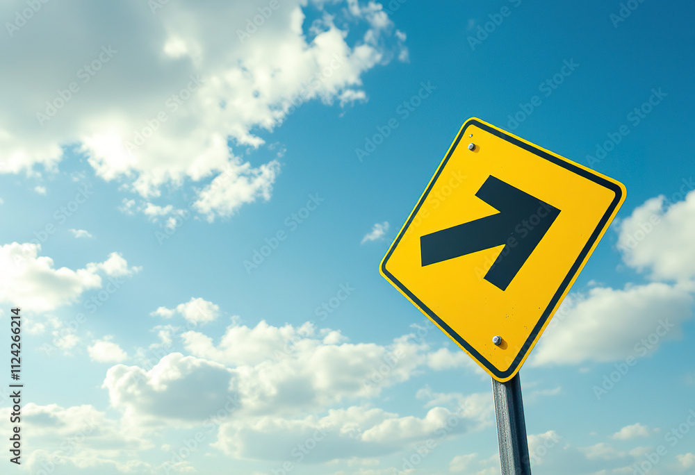 Yellow arrow road sign against a blue sky with white clouds Yellow arrow road sign against a blue sky with white clouds