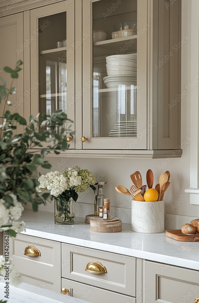 Beige kitchen cabinets with glass doors, displaying dishes, and featuring a wooden utensil caddy and fresh flowers on the countertop. Beige kitchen cabinets with glass doors, displaying dishes, and featuring a wooden utensil caddy and fresh flowers on the countertop.