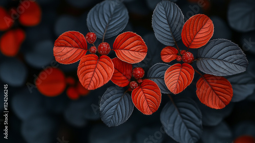 Vibrant Red and Dark Blue Leaves with Bright Berries.. photo