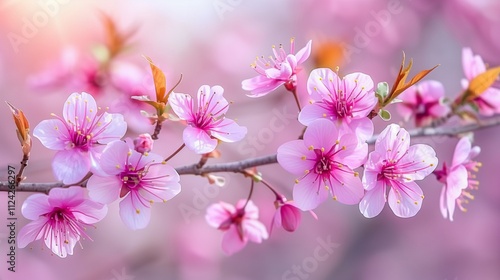 Close-Up of Pink Cherry Blossom Branch in Spring..