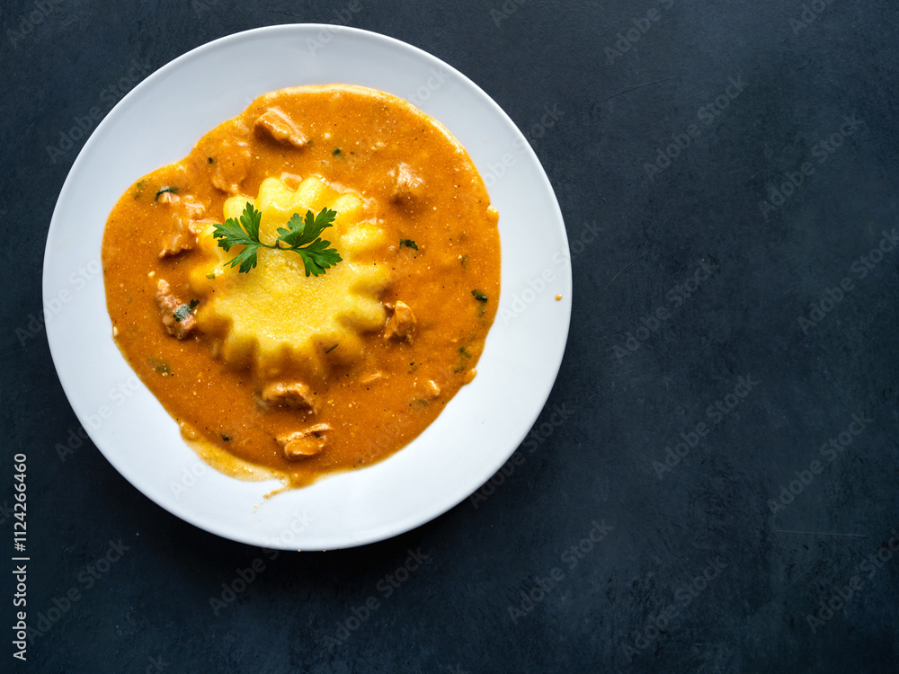 Pork ragout stew goulash with polenta on a white plate Pork ragout stew goulash with polenta on a white plate