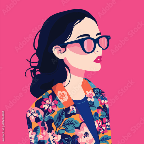 Stylish Woman in Floral Jacket and Sunglasses, Pink Background. Vector Illustration. Minimalist Illustration Vector.