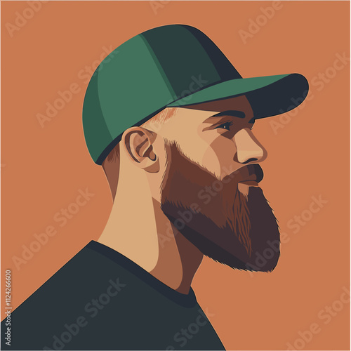 Profile View of a Bearded Man Wearing a Green Cap. Vector Illustration. Minimalist Illustration Vector.