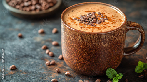 Adaptogenic cacao drink in rustic mug on dark textured background