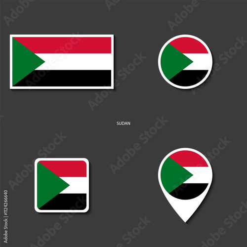 Sudan flag icon set in different shape (rectangle, circle, square and marker icon) on dark grey background. Sudan sticker icon collection on barely dark background