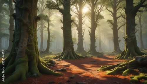Fototapeta Naklejka Na Ścianę i Meble -  Glowing forest with a carpet of soft light covering the ground and mossy trunks of ancient glowing trees, soft light, ancient