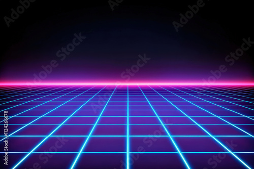 Futuristic grid pattern with neon blue and purple colors on dark background, creating vibrant and dynamic atmosphere. Ideal for sci fi themes and digital art