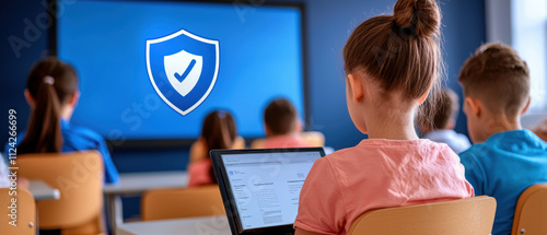 Students engaged in online learning, focused on the screen with an emphasis on digital security. Security Awareness Training Classroom with a shield.