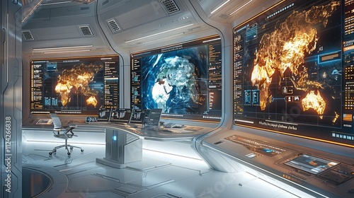 Fototapeta Naklejka Na Ścianę i Meble -  A futuristic office with a sleek desk and multiple computer screens displaying diverse information, including historical data, timelines of ancient civilizations, scientific discoveries.