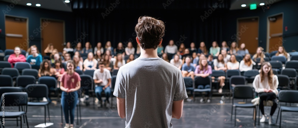 Obraz premium A high school drama rehearsal with students practicing lines on stage.