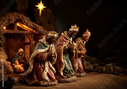 Three wise men at the nativity scene with mary, joseph, and baby jesus