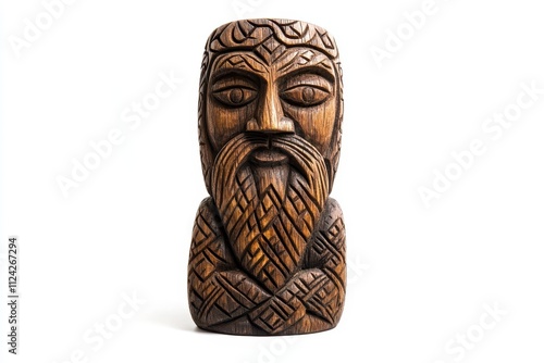 Isolated wooden pagan idol carved in Slavic style on a white background