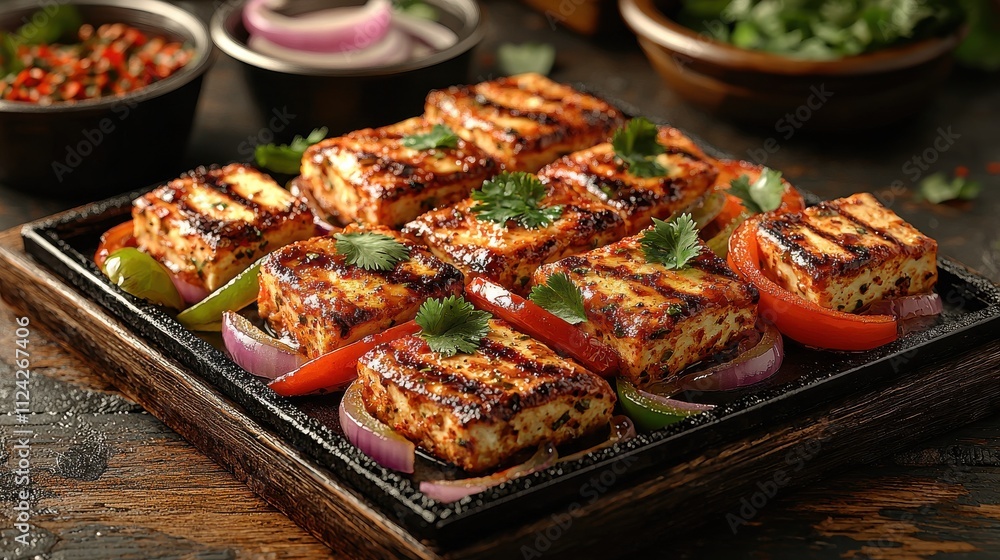 Sizzling paneer tikka with bell peppers and onions indian kitchen food rustic setting close-up culinary delight Sizzling paneer tikka with bell peppers and onions indian kitchen food rustic setting close-up culinary delight