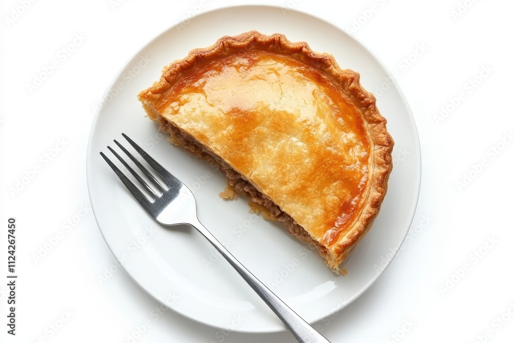 Isolated white background with a plate containing a meat pie and fork Isolated white background with a plate containing a meat pie and fork