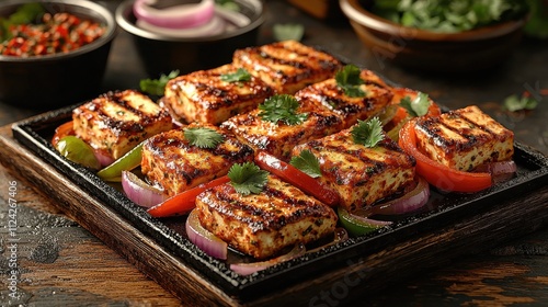 Sizzling paneer tikka with bell peppers and onions indian kitchen food rustic setting close-up culinary delight