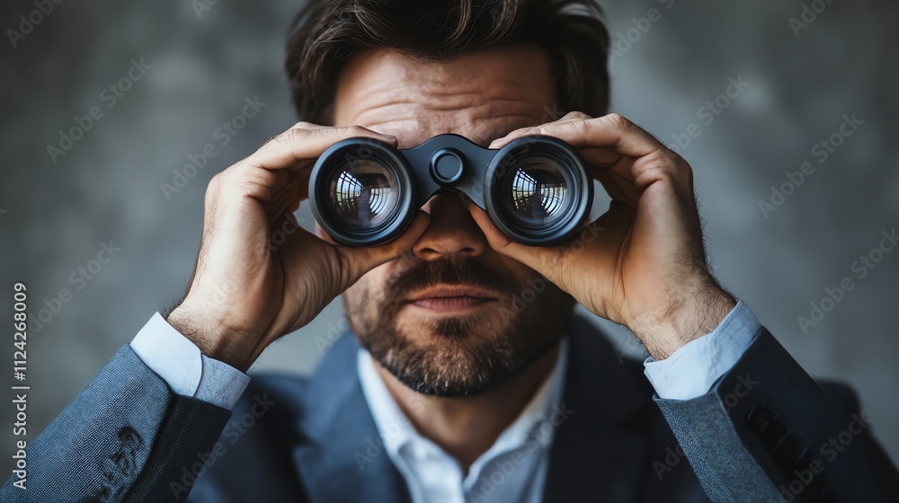 A man in a suit looks through binoculars, standing against a blue background. A man in a suit looks through binoculars, standing against a blue background.