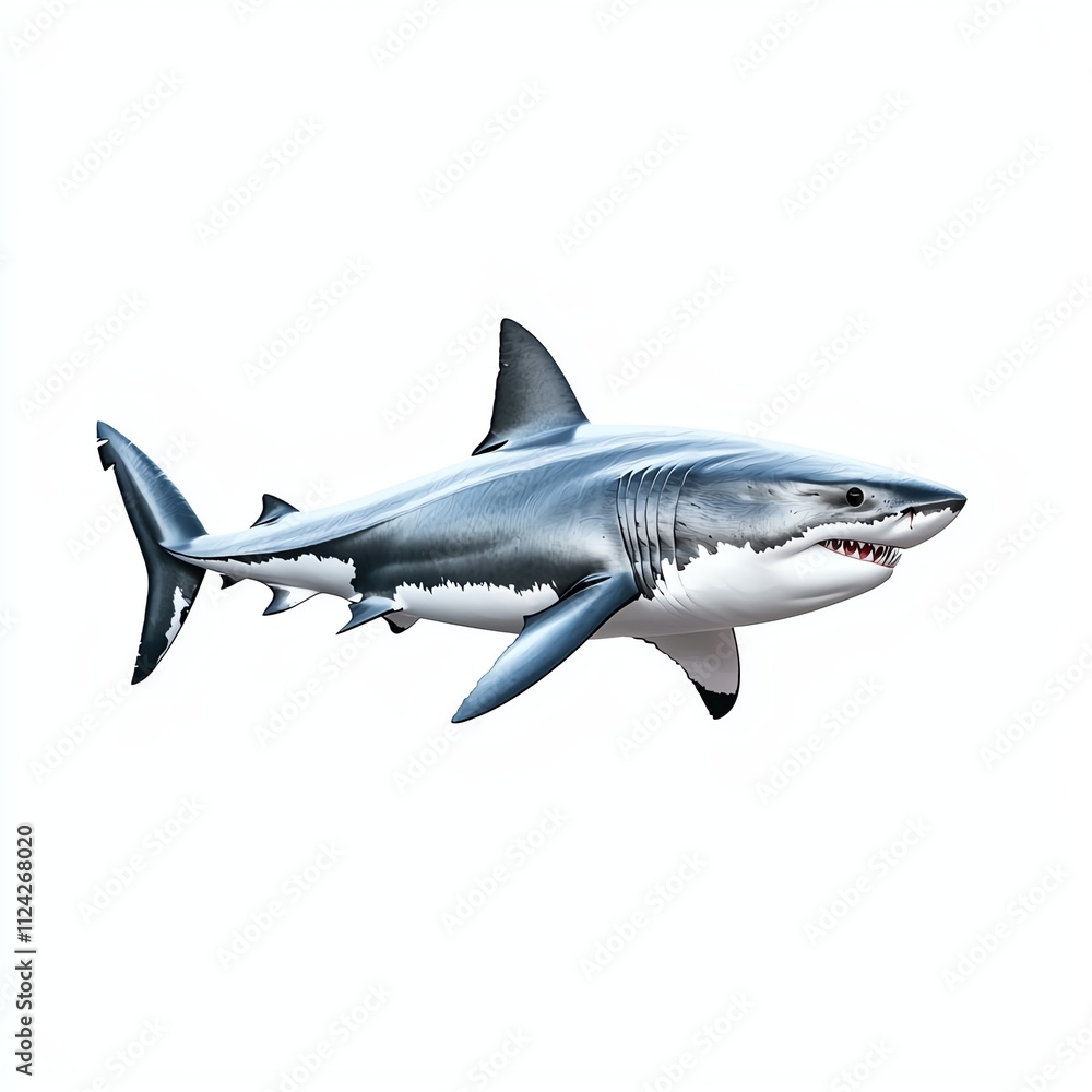 A realistic illustration of a great white shark, showcasing its powerful physique and distinct features in a clean, white background. A realistic illustration of a great white shark, showcasing its powerful physique and distinct features in a clean, white background.