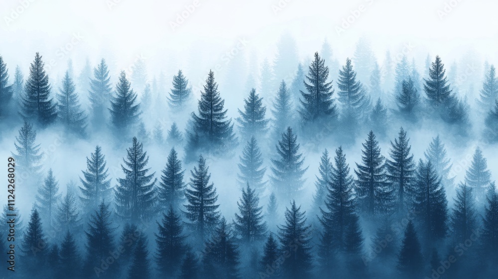 Misty Pine Forest Landscape, Blue-toned Background Illustration. Misty Pine Forest Landscape, Blue-toned Background Illustration.