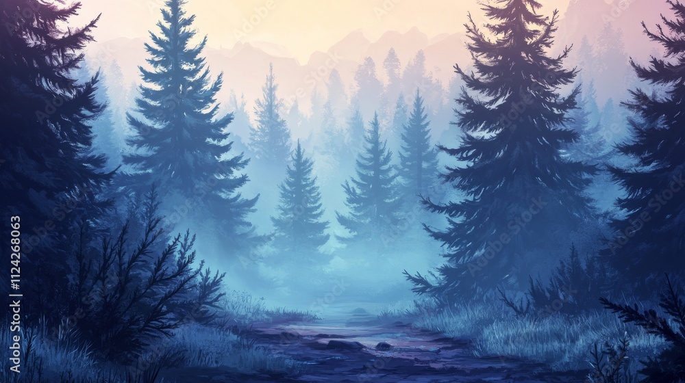 Fototapeta premium Misty forest path leading through pines to mountains, painted digital art.