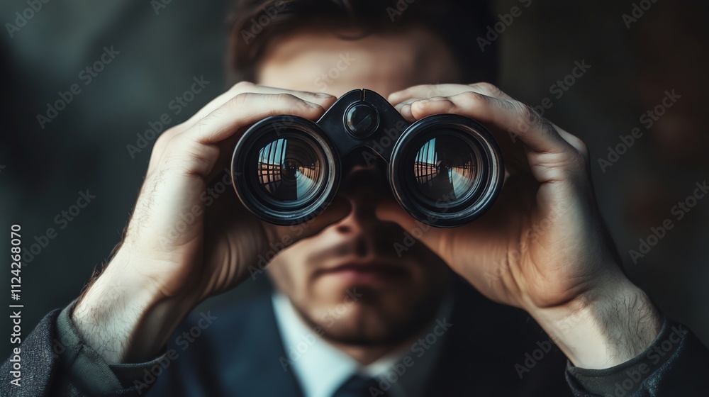 A man in a suit looks through binoculars. A man in a suit looks through binoculars.