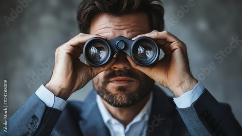 A man in a suit looks through binoculars, standing against a blue background.