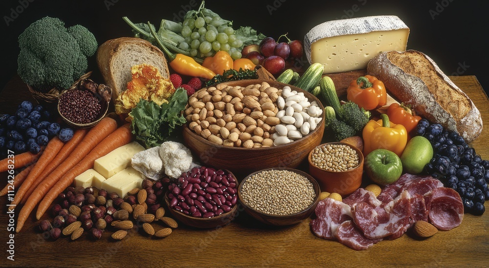 A Colorful Array of Fresh Produce, Nuts, Cheese, and Breads Arranged Artistically on a Wooden Table for Healthy Eating and Culinary Inspiration A Colorful Array of Fresh Produce, Nuts, Cheese, and Breads Arranged Artistically on a Wooden Table for Healthy Eating and Culinary Inspiration