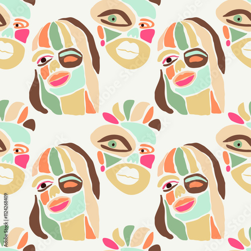 Seamless pattern with minimalist contemporary portrait surreal face