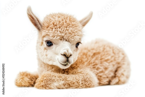 Light fawn six month old alpaca isolated on white background