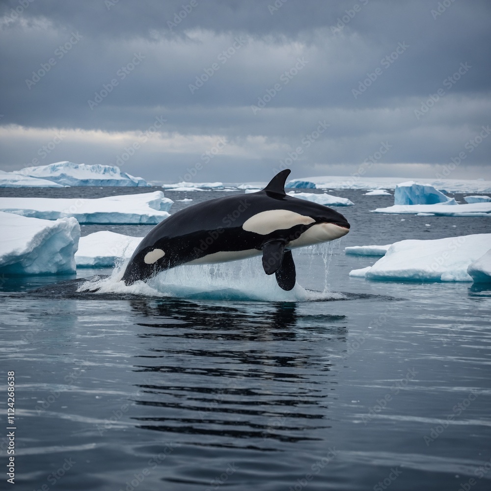 Fototapeta premium A majestic orca breaching in the icy waters of the Arctic.