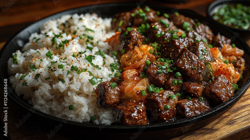 Sizzling beef bulgogi with kimchi and rice korean cuisine restaurant setting culinary delight close-up view Sizzling beef bulgogi with kimchi and rice korean cuisine restaurant setting culinary delight close-up view