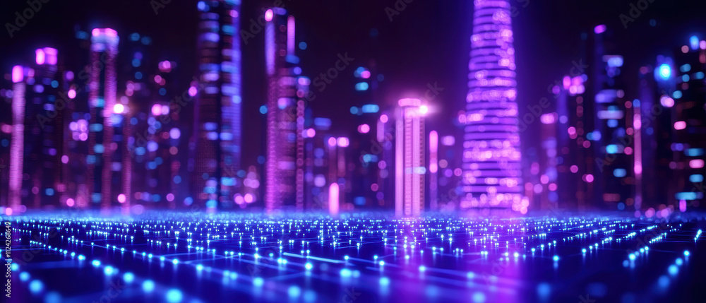 Obraz premium Construction and Technology, A vibrant futuristic cityscape illuminated with neon lights and digital patterns, showcasing innovation and energy.