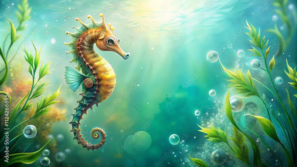 A whimsical seahorse gracefully swims amidst vibrant underwater flora and shimmering bubbles in a tranquil ocean scene A whimsical seahorse gracefully swims amidst vibrant underwater flora and shimmering bubbles in a tranquil ocean scene