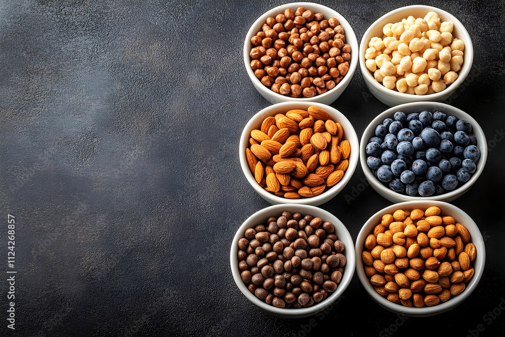 A collection of colorful nuts and dried fruits in white bowls arranged neatly on a dark surface. copy space A collection of colorful nuts and dried fruits in white bowls arranged neatly on a dark surface. copy space