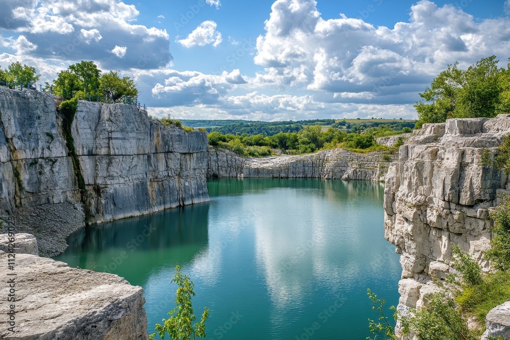 Naklejka premium Limestone quarries featuring stunning landscapes of rocks trees water and clouds