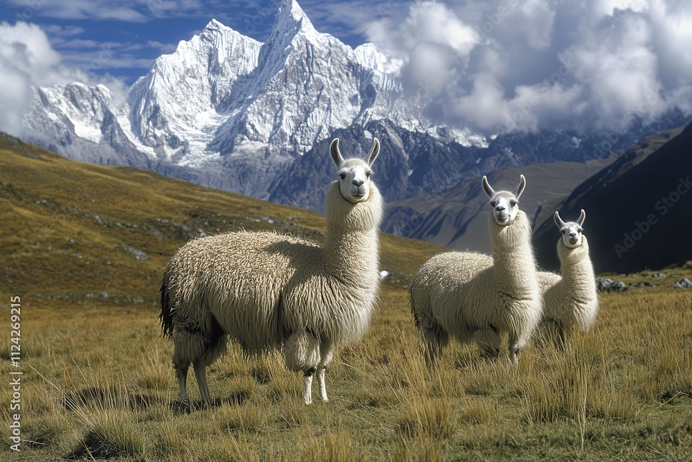 Fototapeta premium Llama or lama herd of lamas grazing in the Andes Peru