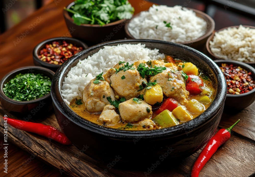 A Delicious Bowl of Chicken Curry with Colorful Vegetables and Aromatic Herbs Served with Fragrant Rice on a Wooden Table with Chili Peppers and Side Dishes A Delicious Bowl of Chicken Curry with Colorful Vegetables and Aromatic Herbs Served with Fragrant Rice on a Wooden Table with Chili Peppers and Side Dishes