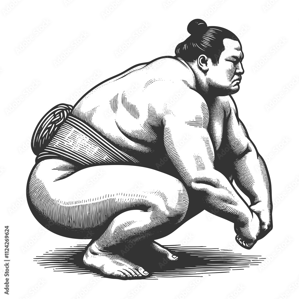 Fototapeta premium sumo wrestler crouching in a traditional pre-fight stance, emphasizing strength and discipline sketch engraving generative ai raster illustration. Scratch board imitation. Black and white image.