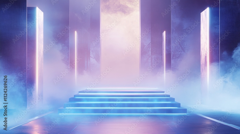 Neon steps ascend in futuristic foggy scene,  background
