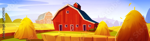 Red barn in autumn rural landscape with hay stacks on yellow fields on hills. Fall seasonal countryside scenery with wooden shed. Cartoon vector ranch farmhouse for cattle and harvest storing.