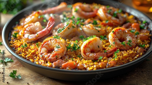 Sizzling seafood paella with saffron rice garnish culinary delight home kitchen vibrant atmosphere close-up view gourmet experience photo