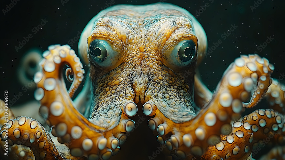 Front-facing close-up of an octopus with tentacles raised, featuring its large, curious eyes and detailed suction cups, captured in a vibrant underwater setting. Front-facing close-up of an octopus with tentacles raised, featuring its large, curious eyes and detailed suction cups, captured in a vibrant underwater setting.