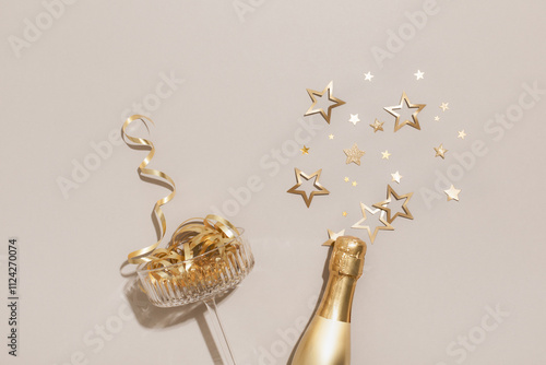 Canvas Print Party fashion background with champagne glass and bottle and golden confetti stars